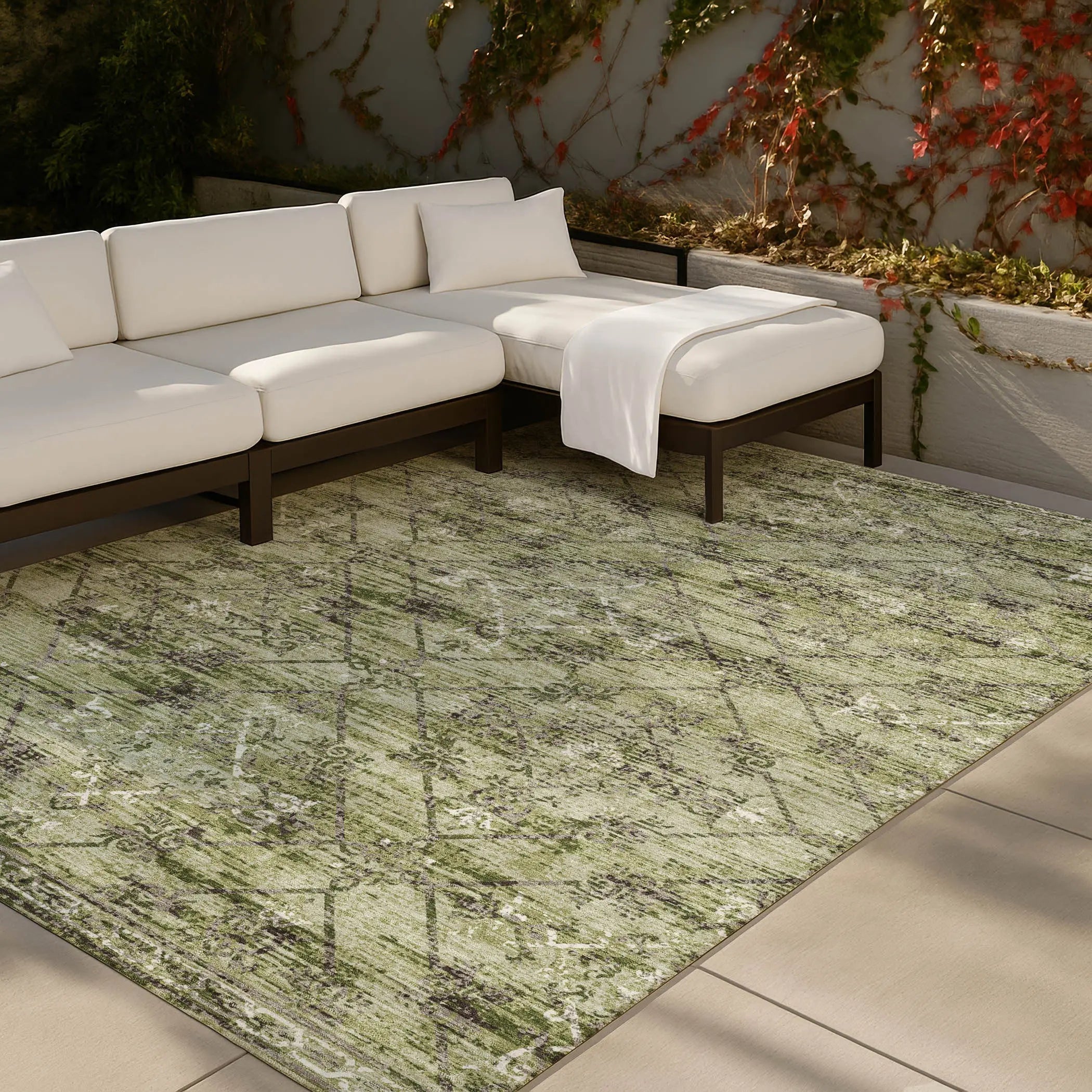 5' X 8' Fern Green And Brown Geometric Washable Indoor Outdoor Area Rug Homeroots Outdoor