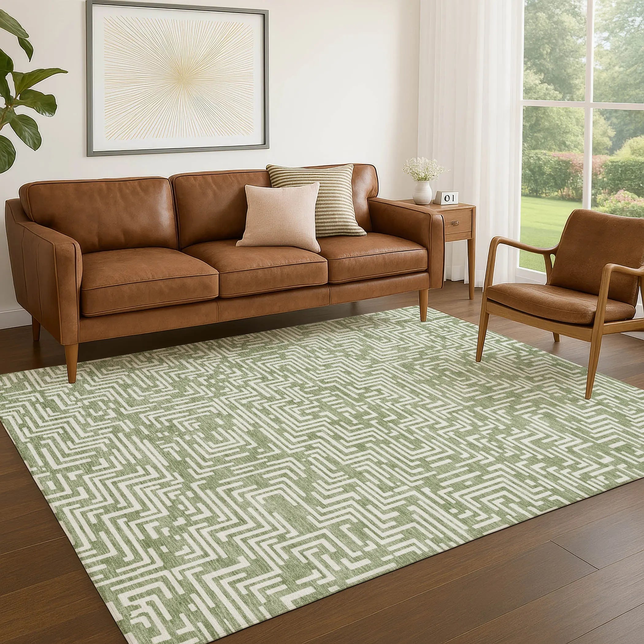 5' X 8' Fern Green And Copper Geometric Washable Indoor Outdoor Area Rug Homeroots Outdoor