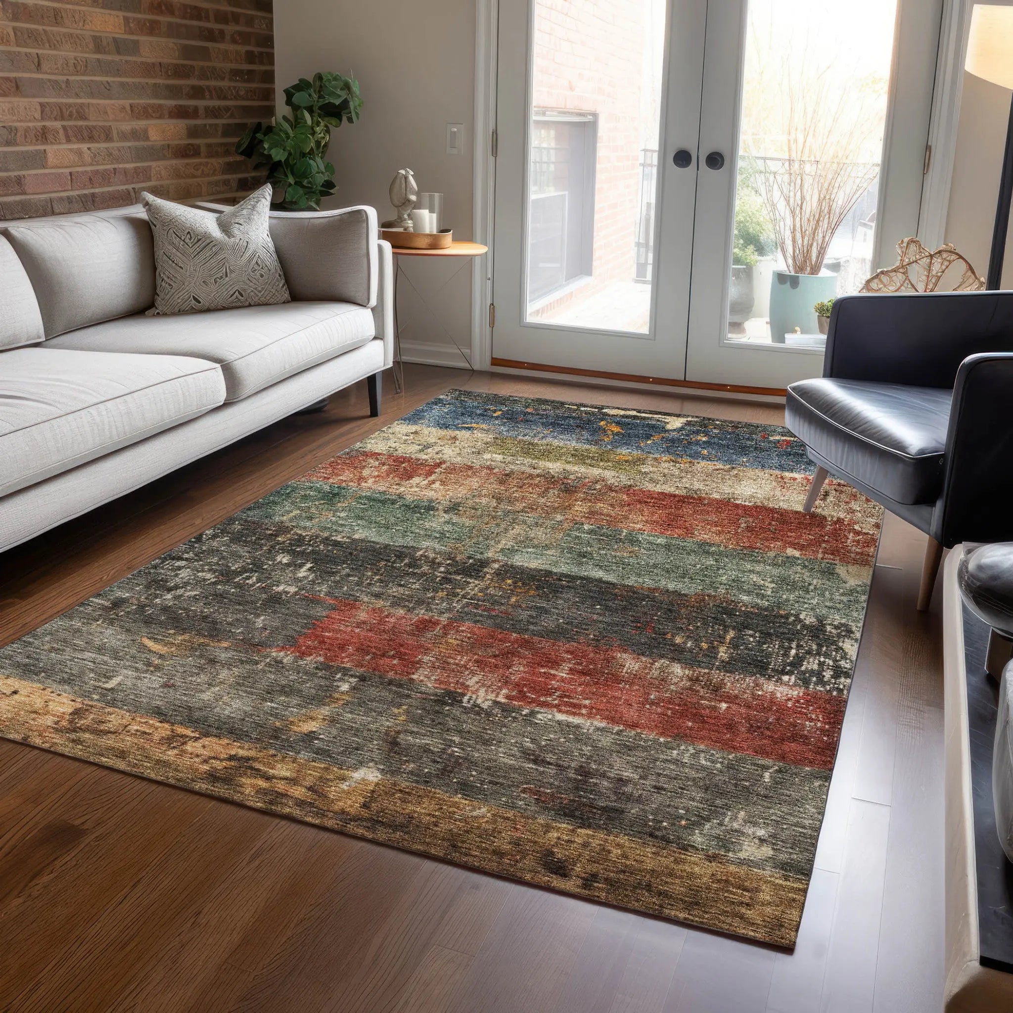 5' X 8' Fern Green Black And Terra Cotta Striped Washable Indoor Outdoor Area Rug Homeroots Outdoor