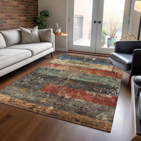 5' X 8' Fern Green Black And Terra Cotta Striped Washable Indoor Outdoor Area Rug Homeroots Outdoor