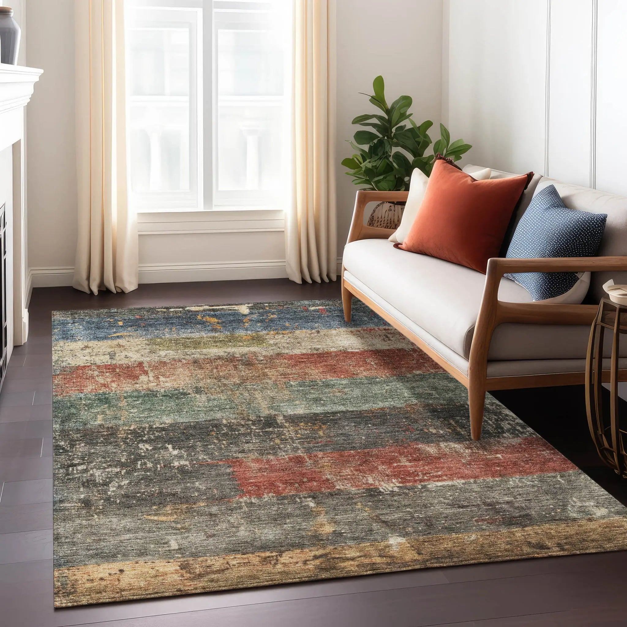 5' X 8' Fern Green Black And Terra Cotta Striped Washable Indoor Outdoor Area Rug Homeroots Outdoor