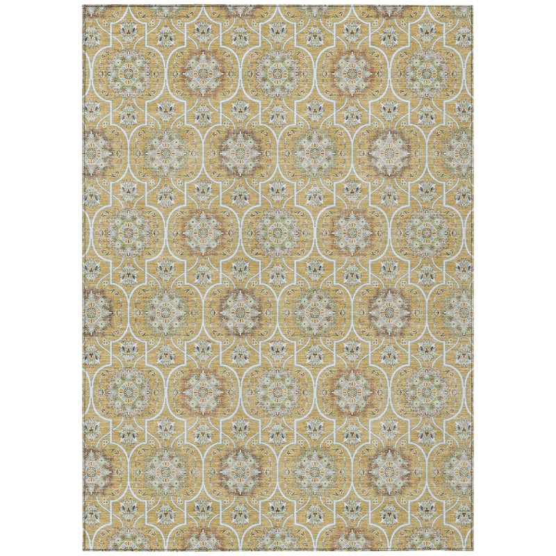 5' X 8' Gold And Beige Floral Medallion Washable Indoor Outdoor Area Rug Homeroots Outdoor
