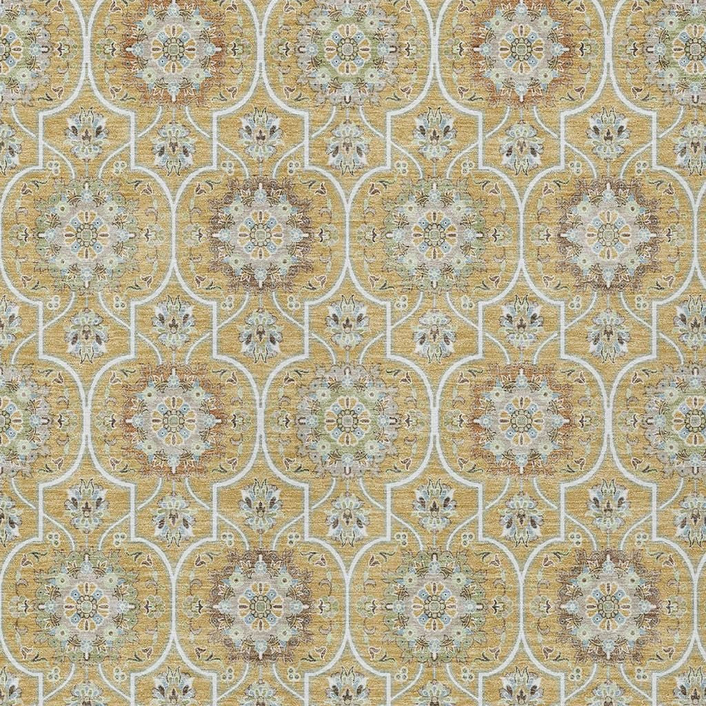5' X 8' Gold And Beige Floral Medallion Washable Indoor Outdoor Area Rug Homeroots Outdoor