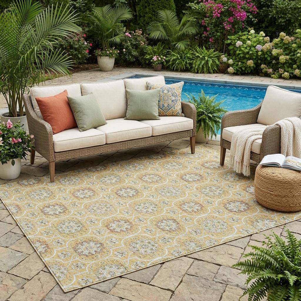 5' X 8' Gold And Beige Floral Medallion Washable Indoor Outdoor Area Rug Homeroots Outdoor