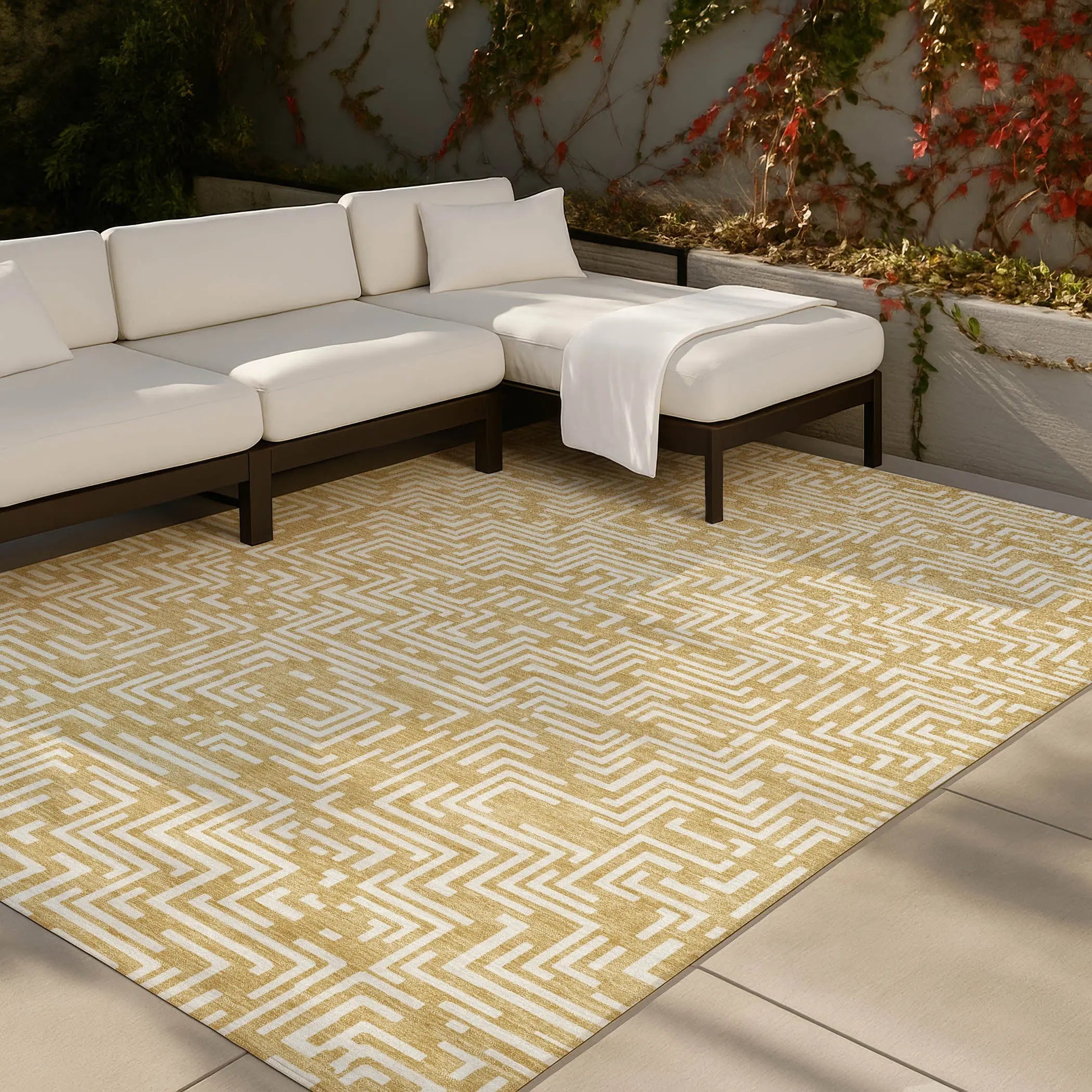 5' X 8' Gold And Brown Geometric Washable Indoor Outdoor Area Rug Homeroots Outdoor