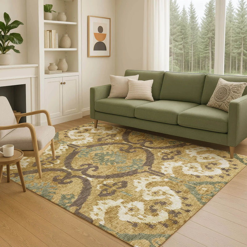 5' X 8' Gold And Brown Ikat Washable Indoor Outdoor Area Rug Homeroots Outdoor
