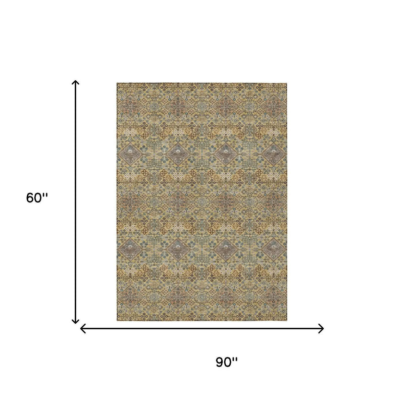 5' X 8' Gold And Copper Geometric Washable Indoor Outdoor Area Rug Homeroots Outdoor