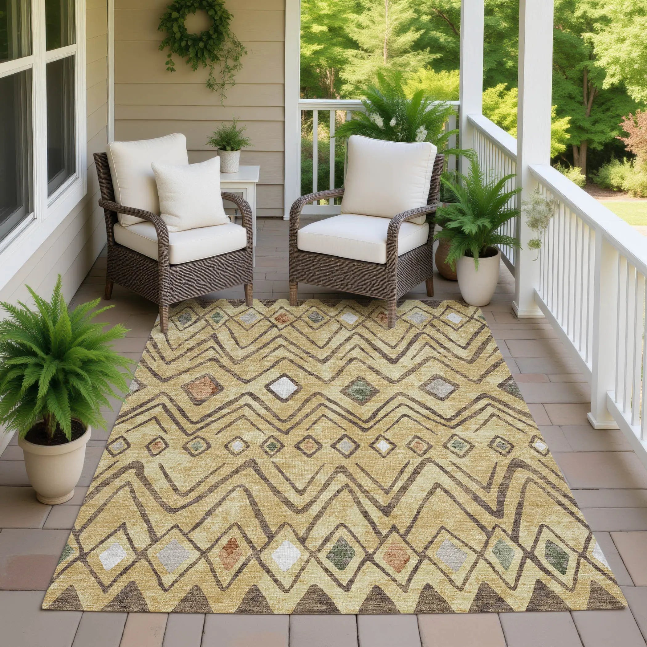 5' X 8' Gold And Green Geometric Washable Indoor Outdoor Area Rug Homeroots Outdoor