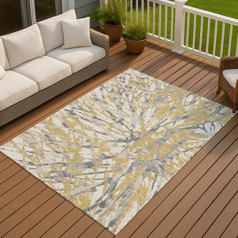 5' X 8' Gold And Ivory Abstract Washable Indoor Outdoor Area Rug Homeroots Outdoor