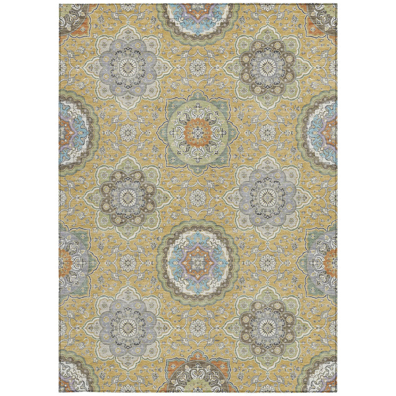 5' X 8' Gold And Ivory Floral Medallion Washable Indoor Outdoor Area Rug Homeroots Outdoor