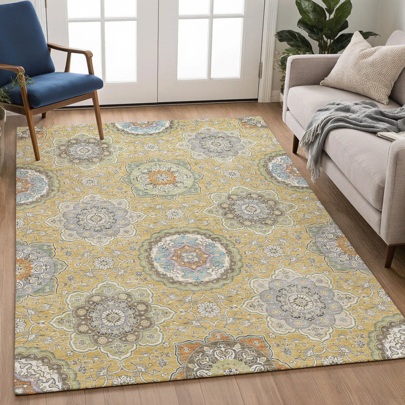 5' X 8' Gold And Ivory Floral Medallion Washable Indoor Outdoor Area Rug Homeroots Outdoor