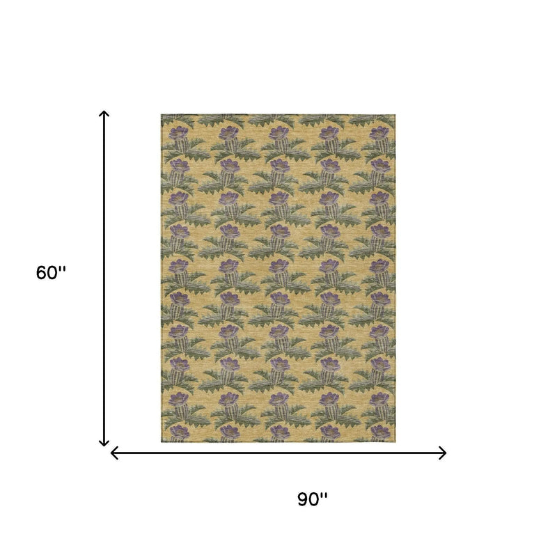 5' X 8' Gold And Khaki Floral Washable Indoor Outdoor Area Rug Homeroots Outdoor