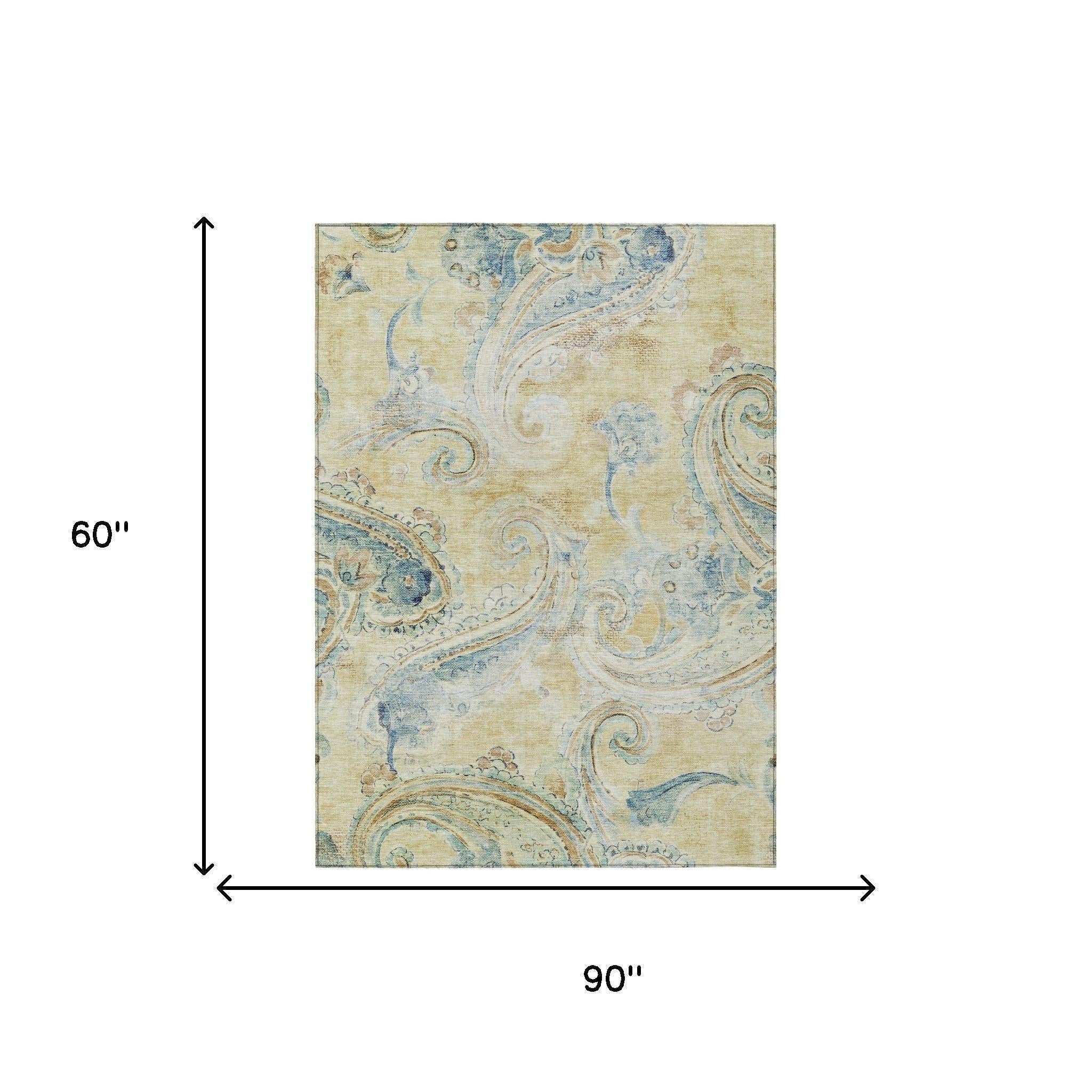 5' X 8' Gold And Mint Green Paisley Washable Indoor Outdoor Area Rug Homeroots Outdoor