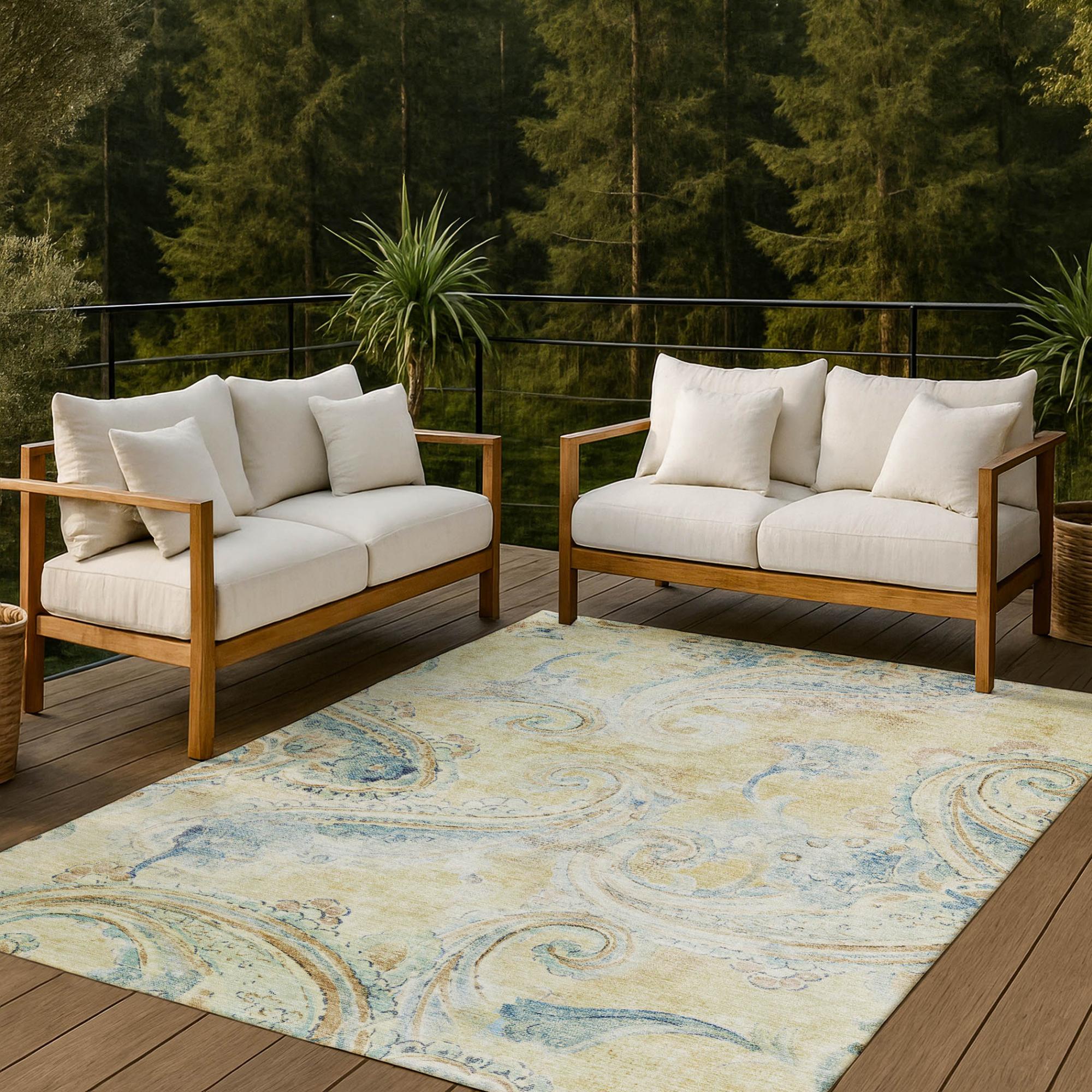 5' X 8' Gold And Mint Green Paisley Washable Indoor Outdoor Area Rug Homeroots Outdoor