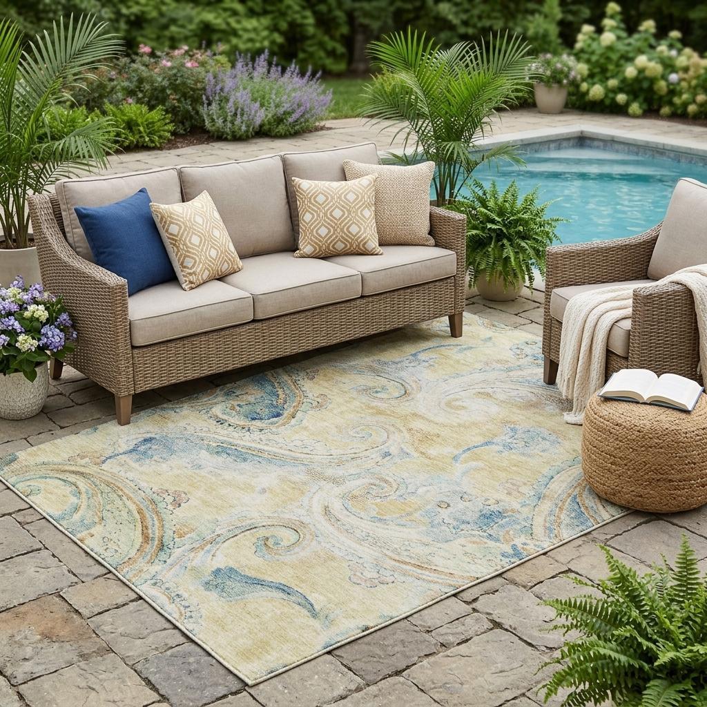 5' X 8' Gold And Mint Green Paisley Washable Indoor Outdoor Area Rug Homeroots Outdoor