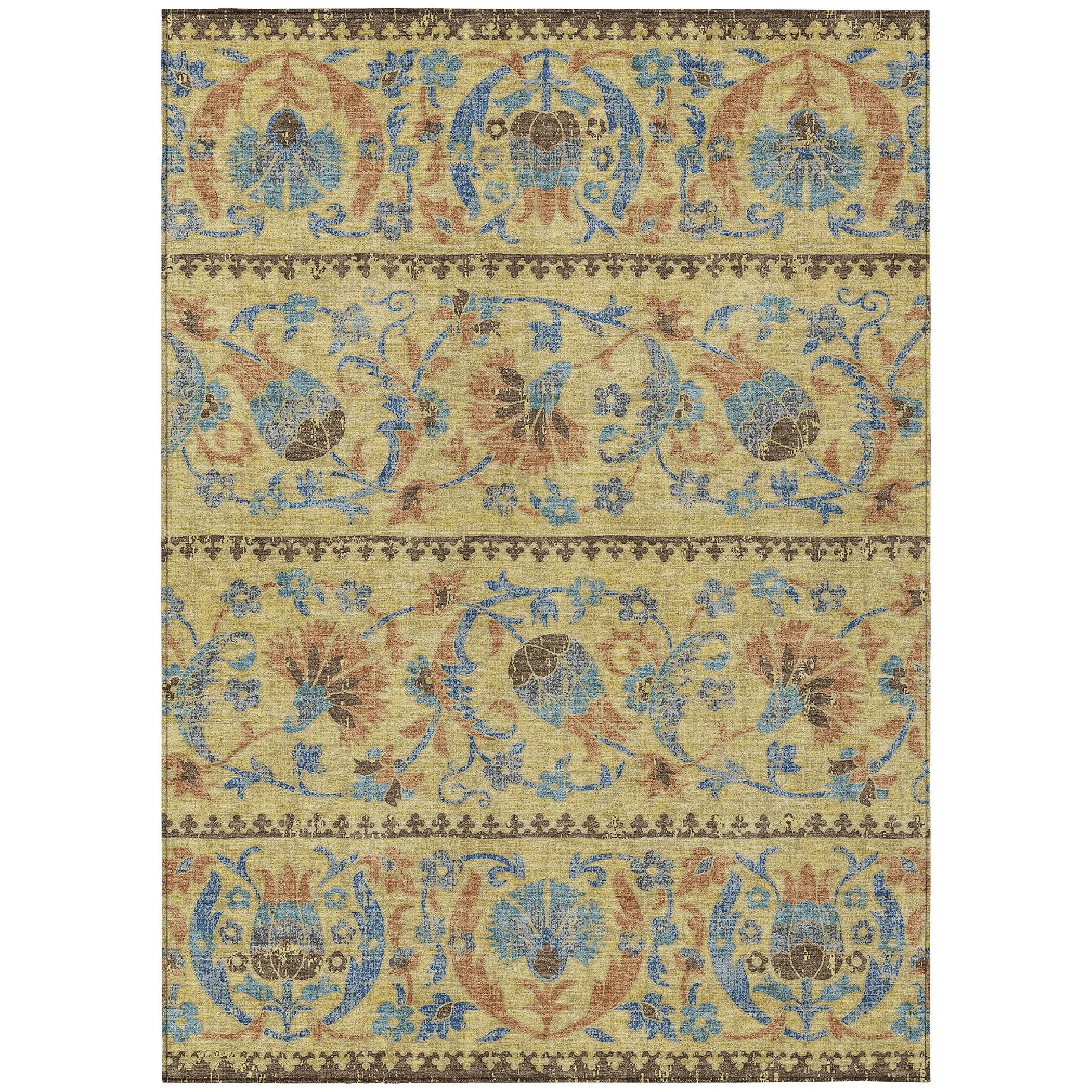 5' X 8' Gold And Teal Blue Floral Washable Indoor Outdoor Area Rug Homeroots Outdoor
