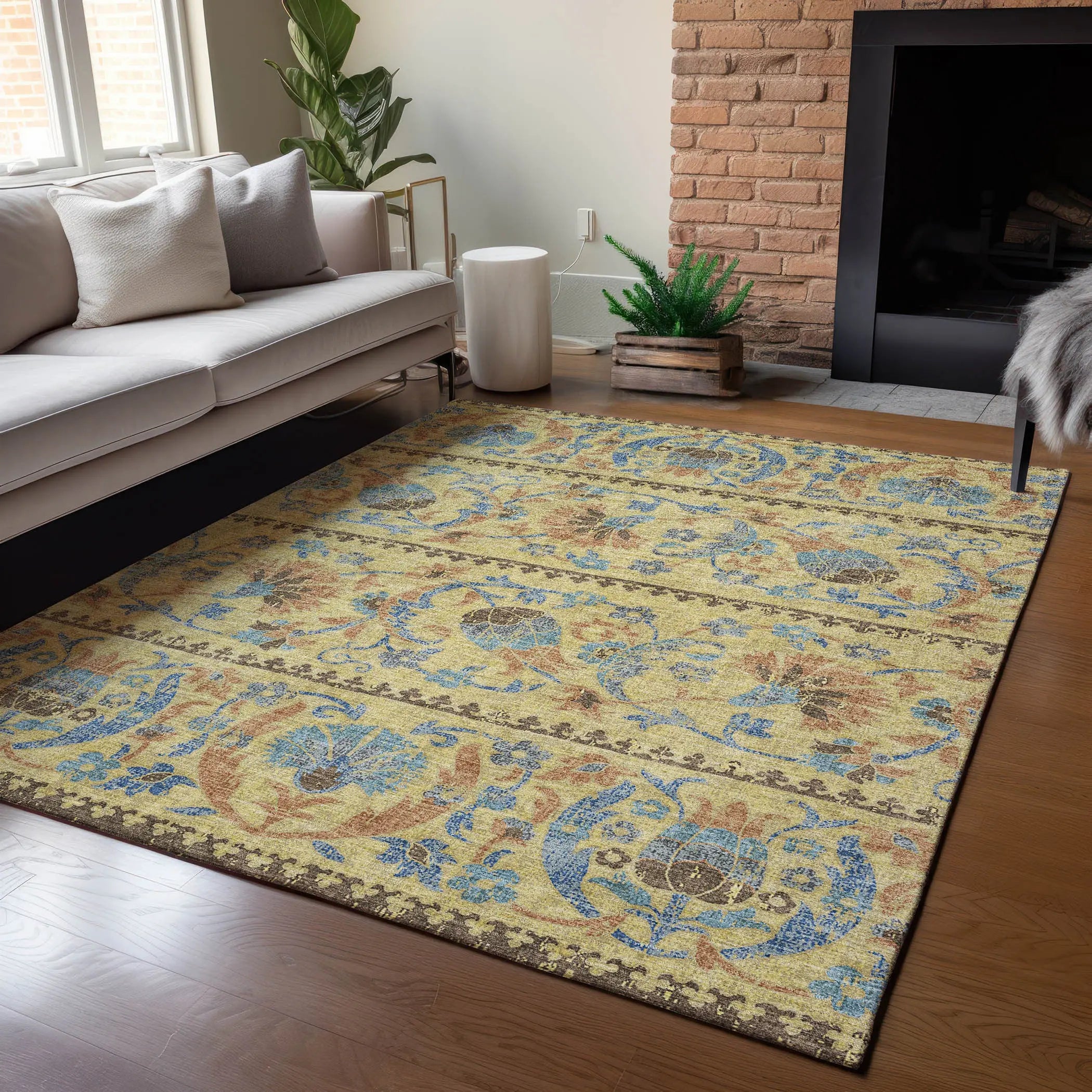 5' X 8' Gold And Teal Blue Floral Washable Indoor Outdoor Area Rug Homeroots Outdoor