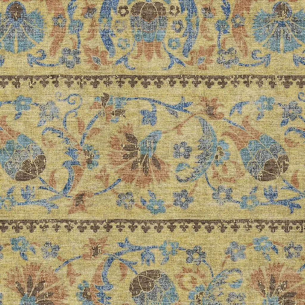 5' X 8' Gold And Teal Blue Floral Washable Indoor Outdoor Area Rug Homeroots Outdoor