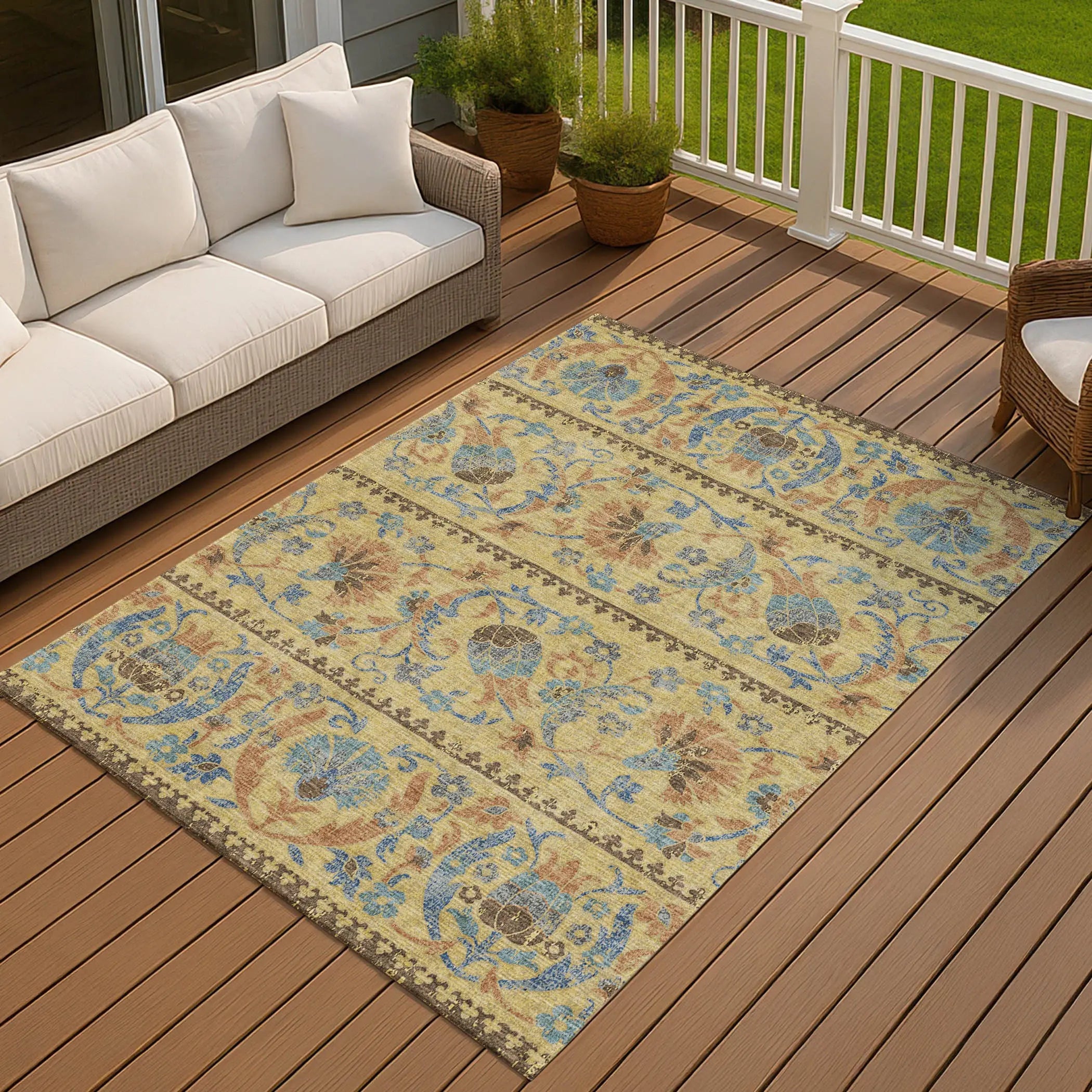 5' X 8' Gold And Teal Blue Floral Washable Indoor Outdoor Area Rug Homeroots Outdoor