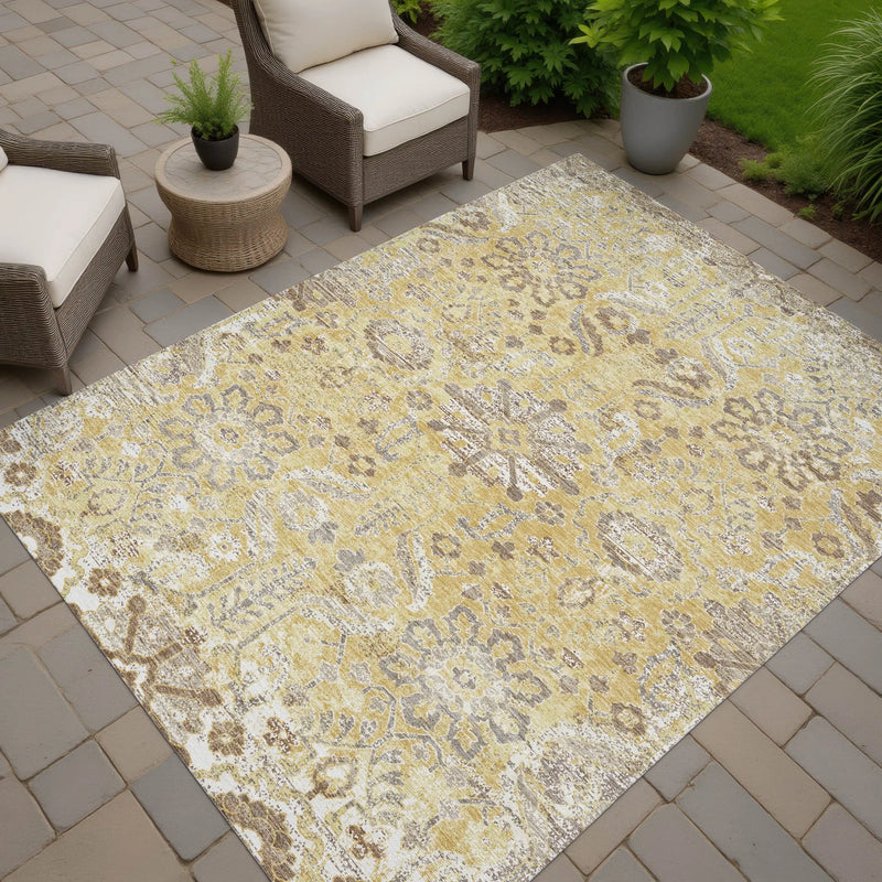 5' X 8' Gold And Wheat Damask Washable Indoor Outdoor Area Rug Homeroots Outdoor