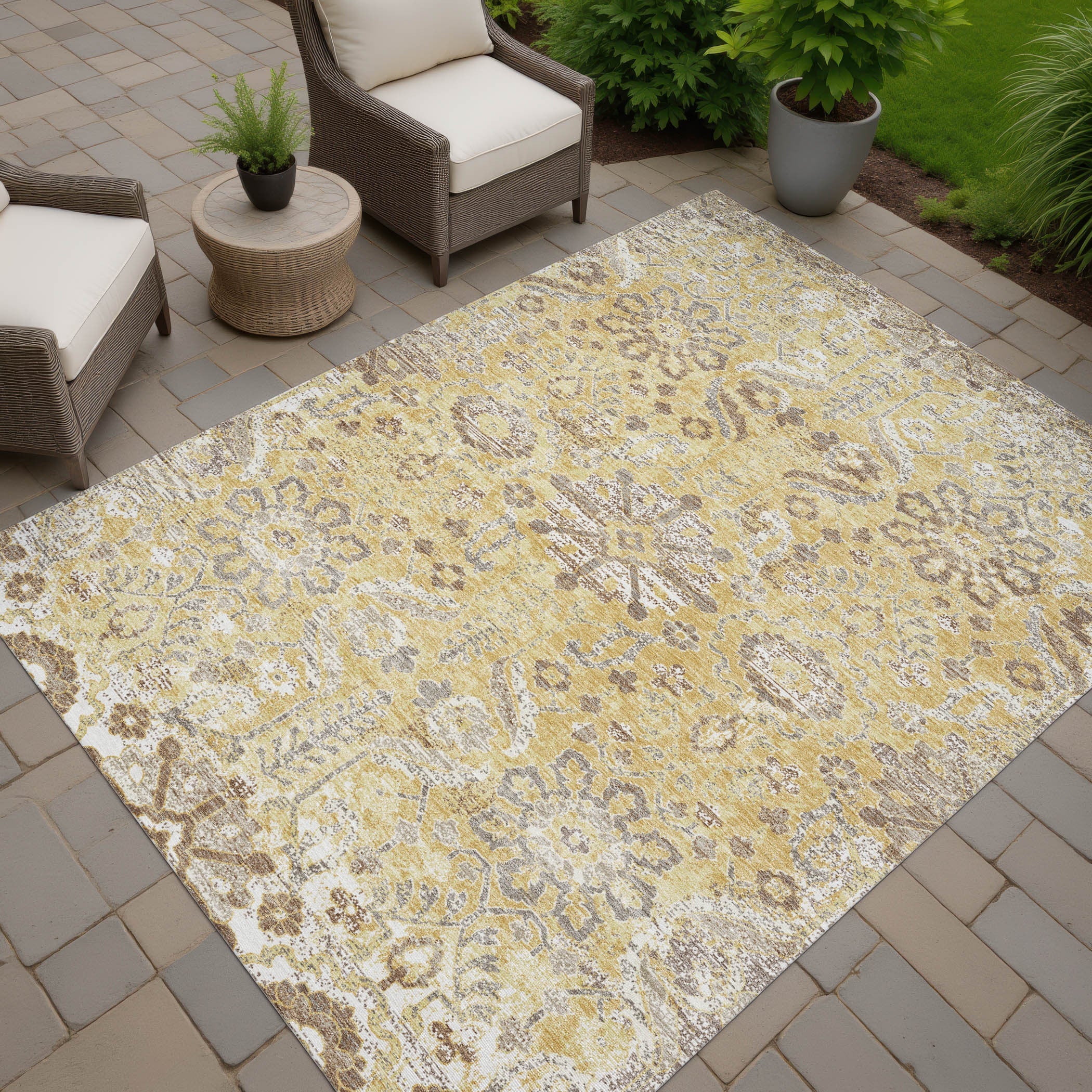 5' X 8' Gold And Wheat Damask Washable Indoor Outdoor Area Rug Homeroots Outdoor