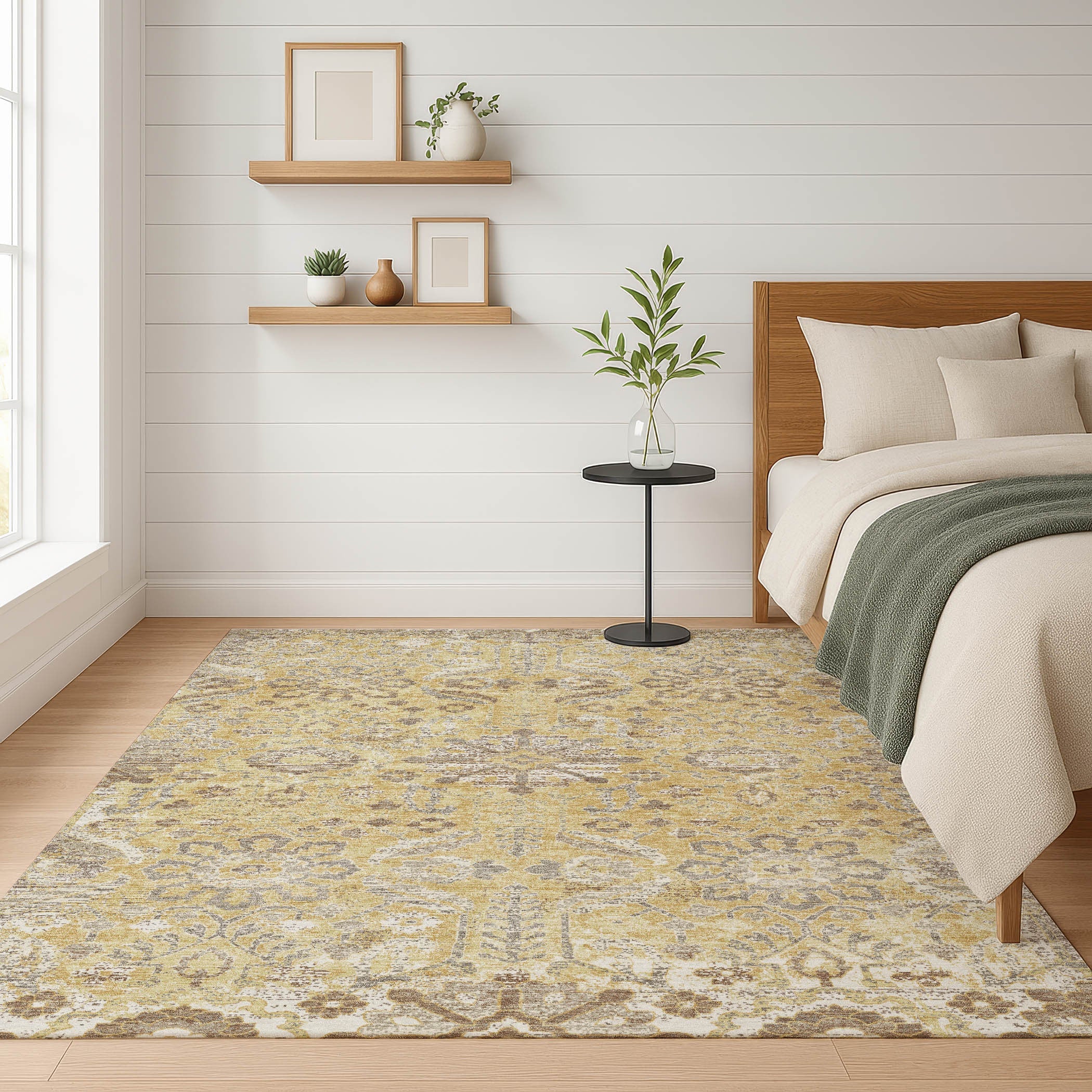 5' X 8' Gold And Wheat Damask Washable Indoor Outdoor Area Rug Homeroots Outdoor