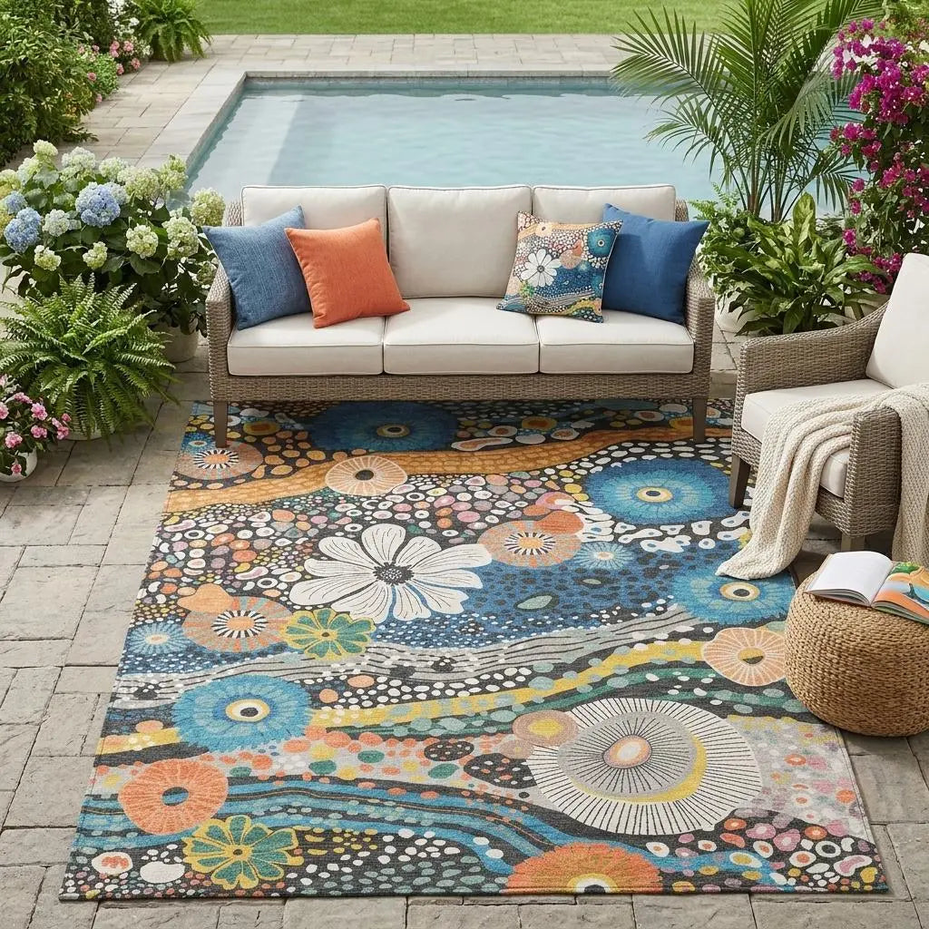 5' X 8' Granite Gray And Navy Blue Floral Washable Indoor Outdoor Area Rug Homeroots Outdoor