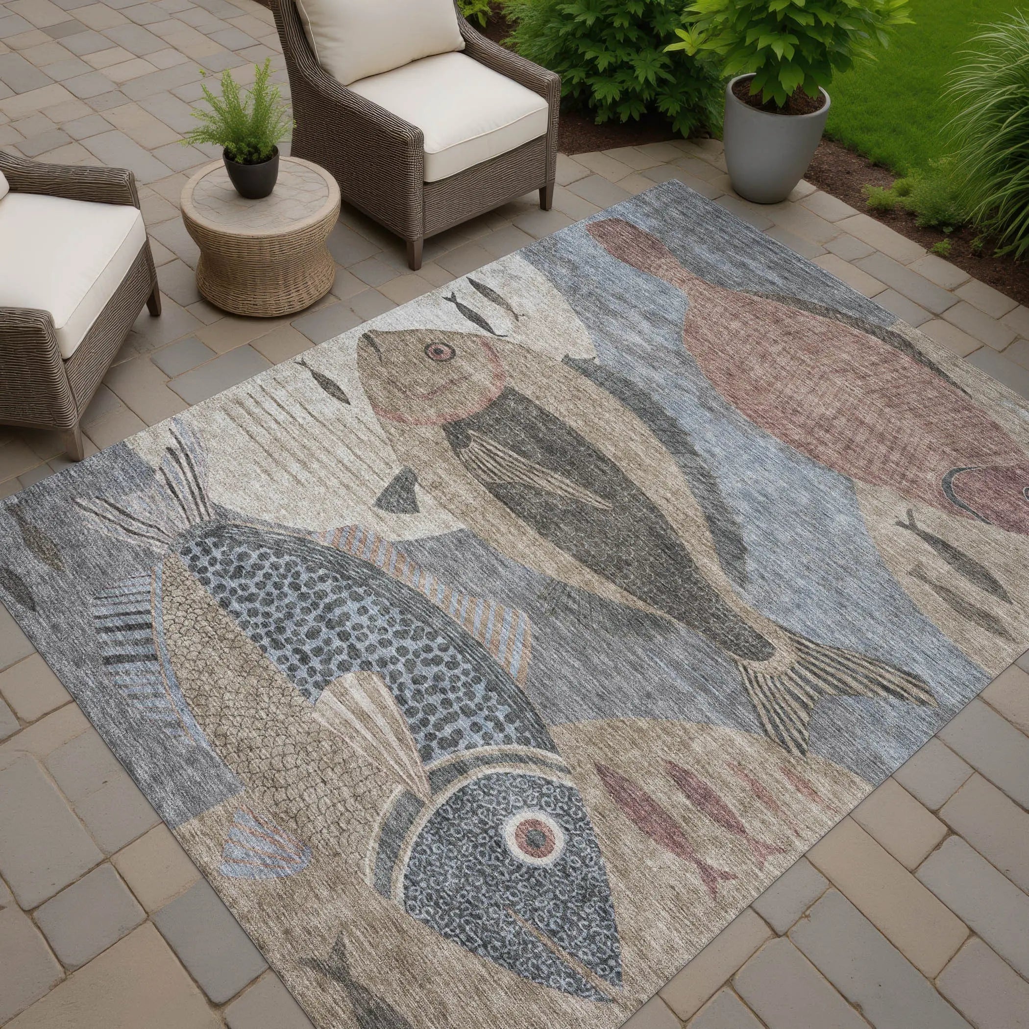 5' X 8' Gray And Beige Tropical Fish Washable Indoor Outdoor Area Rug Homeroots Outdoor