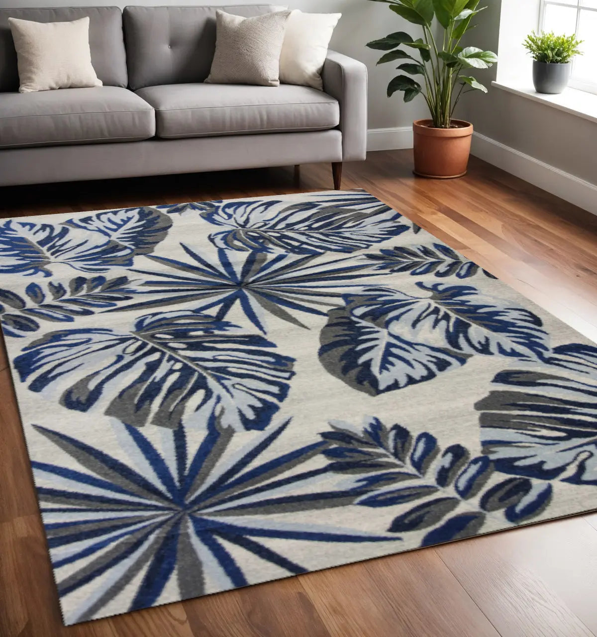 5' X 8' Gray And Blue Botanical Leaves Area Rug Homeroots Home Decor