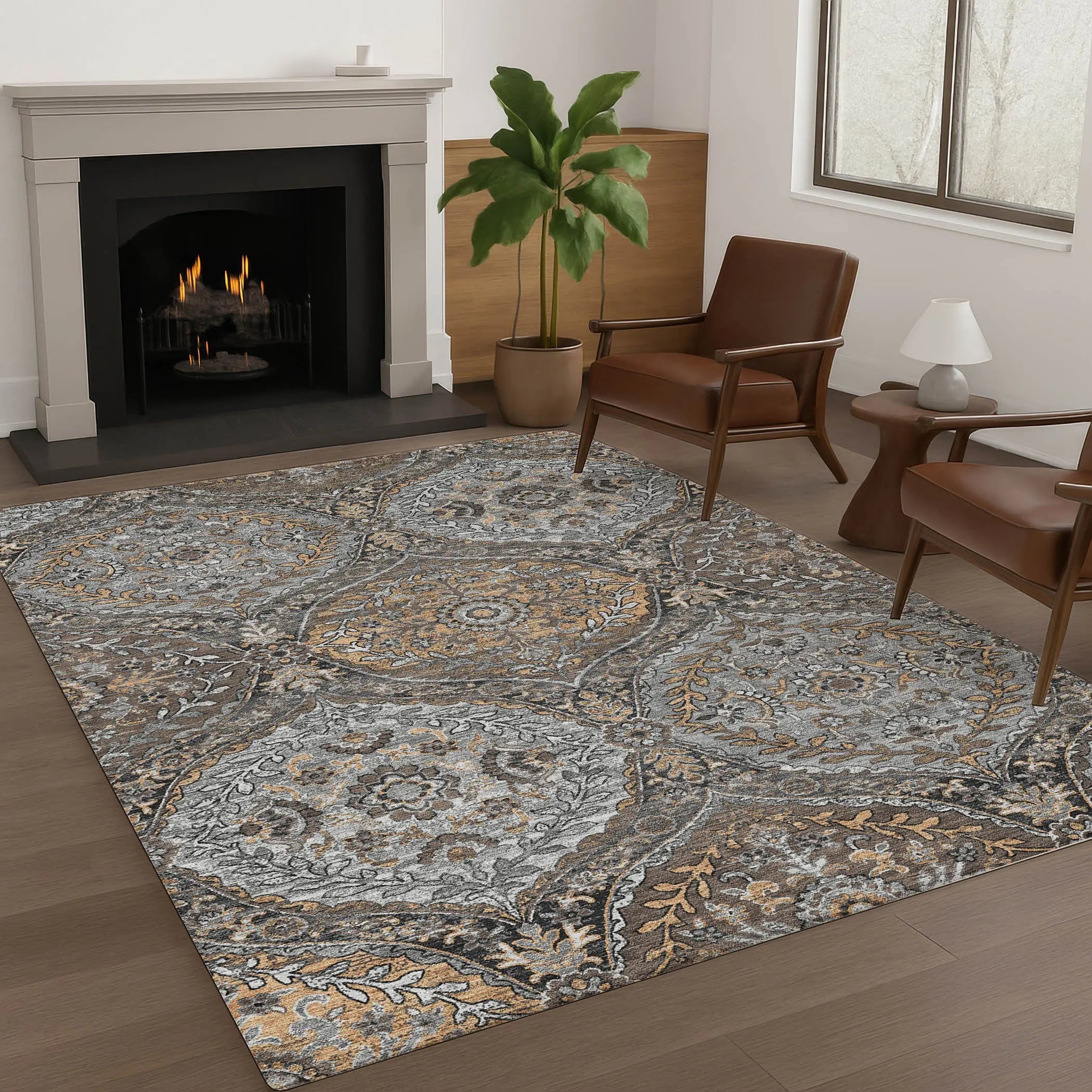 5' X 8' Gray And Brown Ogee Washable Indoor Outdoor Area Rug Homeroots Outdoor
