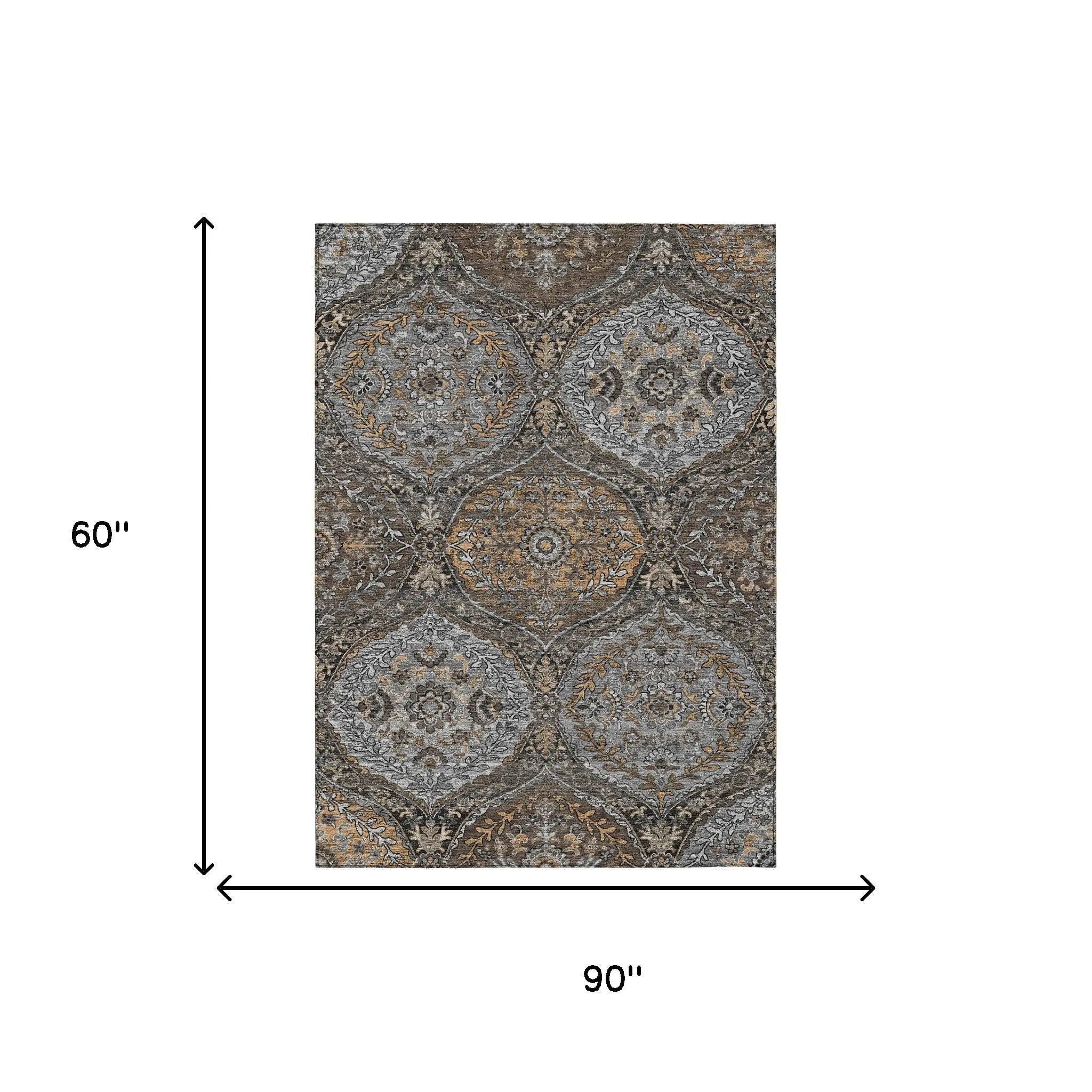 5' X 8' Gray And Brown Ogee Washable Indoor Outdoor Area Rug Homeroots Outdoor