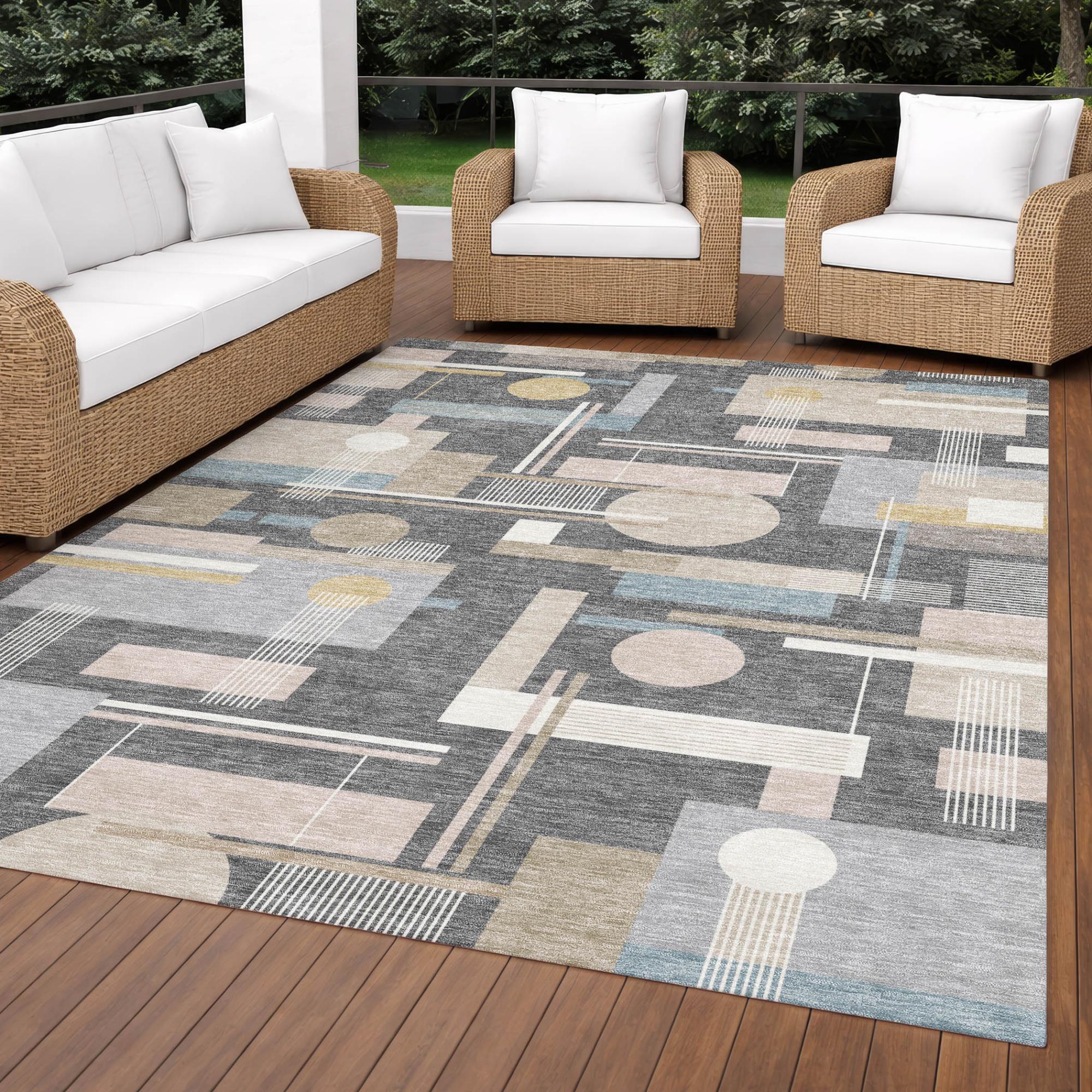5' X 8' Gray And Graphite Geometric Washable Indoor Outdoor Area Rug Homeroots Outdoor