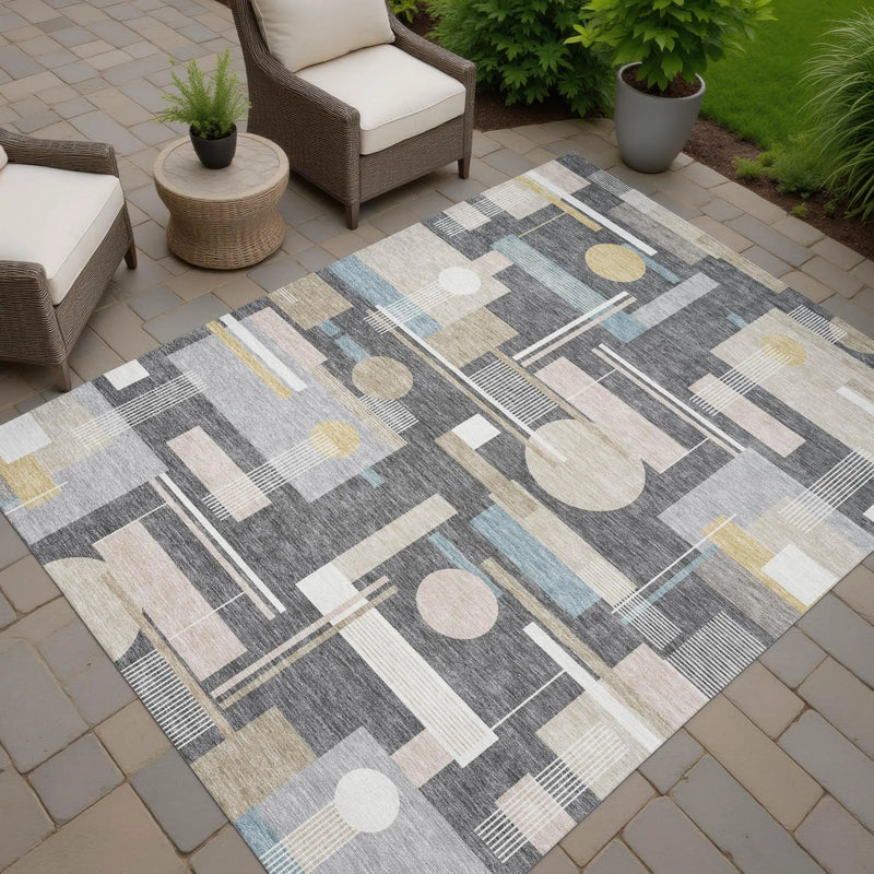 5' X 8' Gray And Graphite Geometric Washable Indoor Outdoor Area Rug Homeroots Outdoor