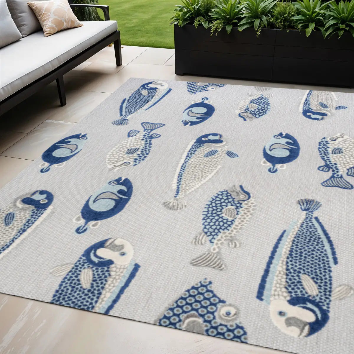 5' X 8' Gray And Navy Blue Animal Print Indoor Outdoor Area Rug Homeroots Outdoor