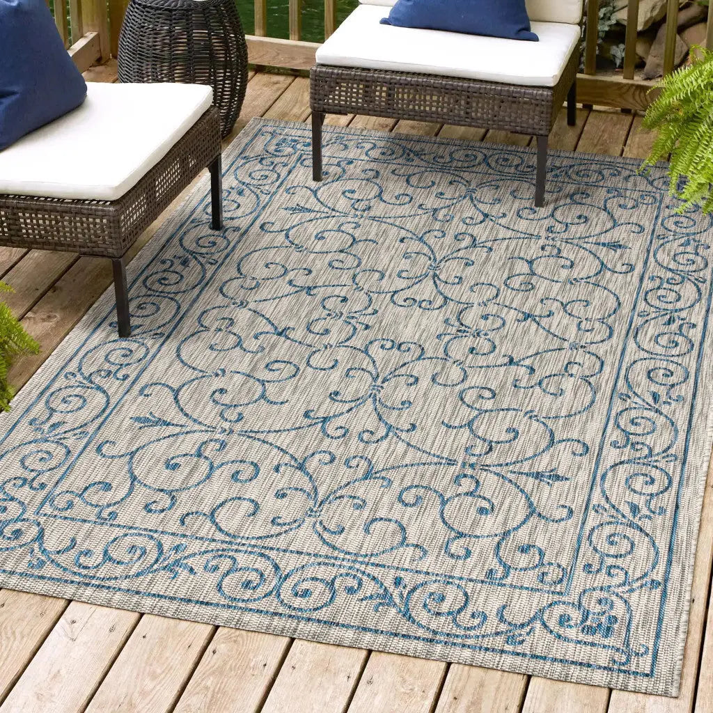 5' X 8' Gray And Navy Blue Medallion Indoor Outdoor Area Rug Homeroots Outdoor