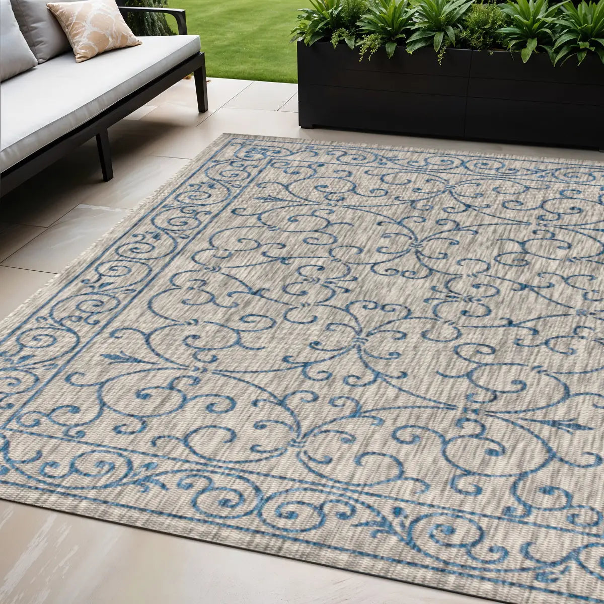 5' X 8' Gray And Navy Blue Medallion Indoor Outdoor Area Rug Homeroots Outdoor