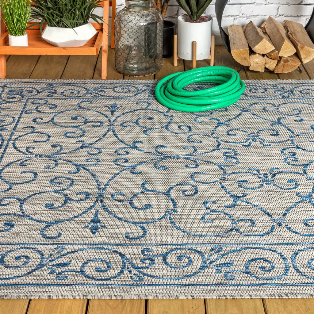 5' X 8' Gray And Navy Blue Medallion Indoor Outdoor Area Rug Homeroots Outdoor