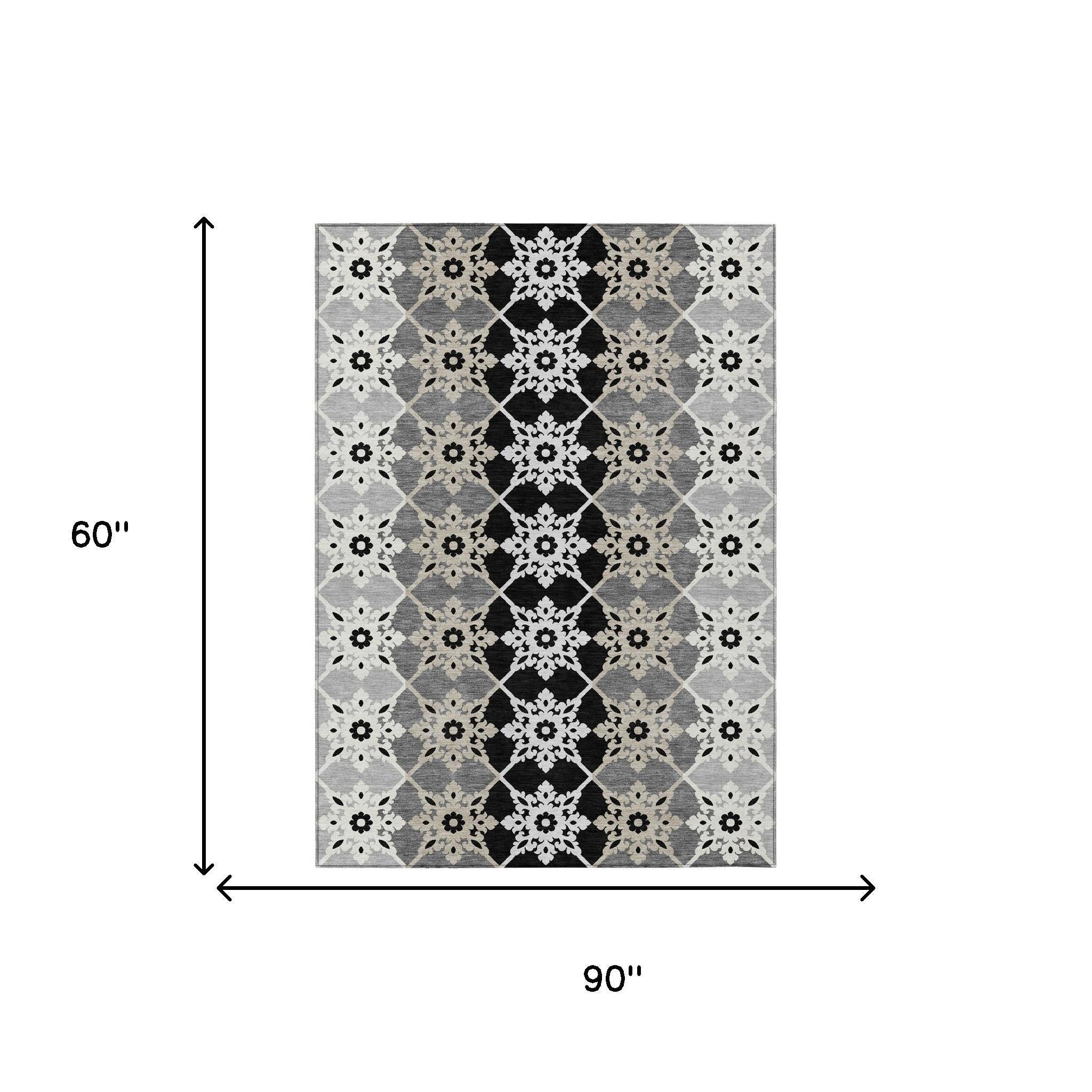 5' X 8' Gray And Pewter Floral Medallion Washable Indoor Outdoor Area Rug Homeroots Outdoor