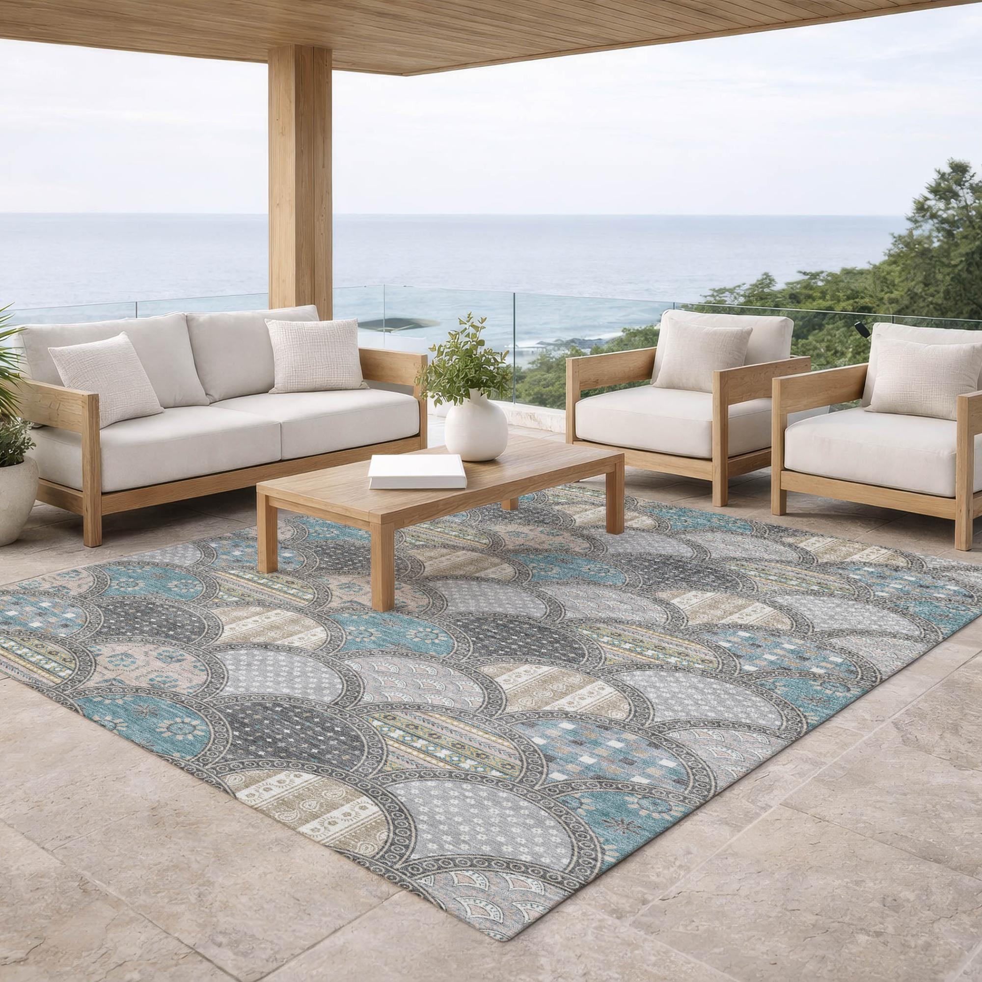 5' X 8' Gray And Silver Geometric Washable Indoor Outdoor Area Rug Homeroots Outdoor