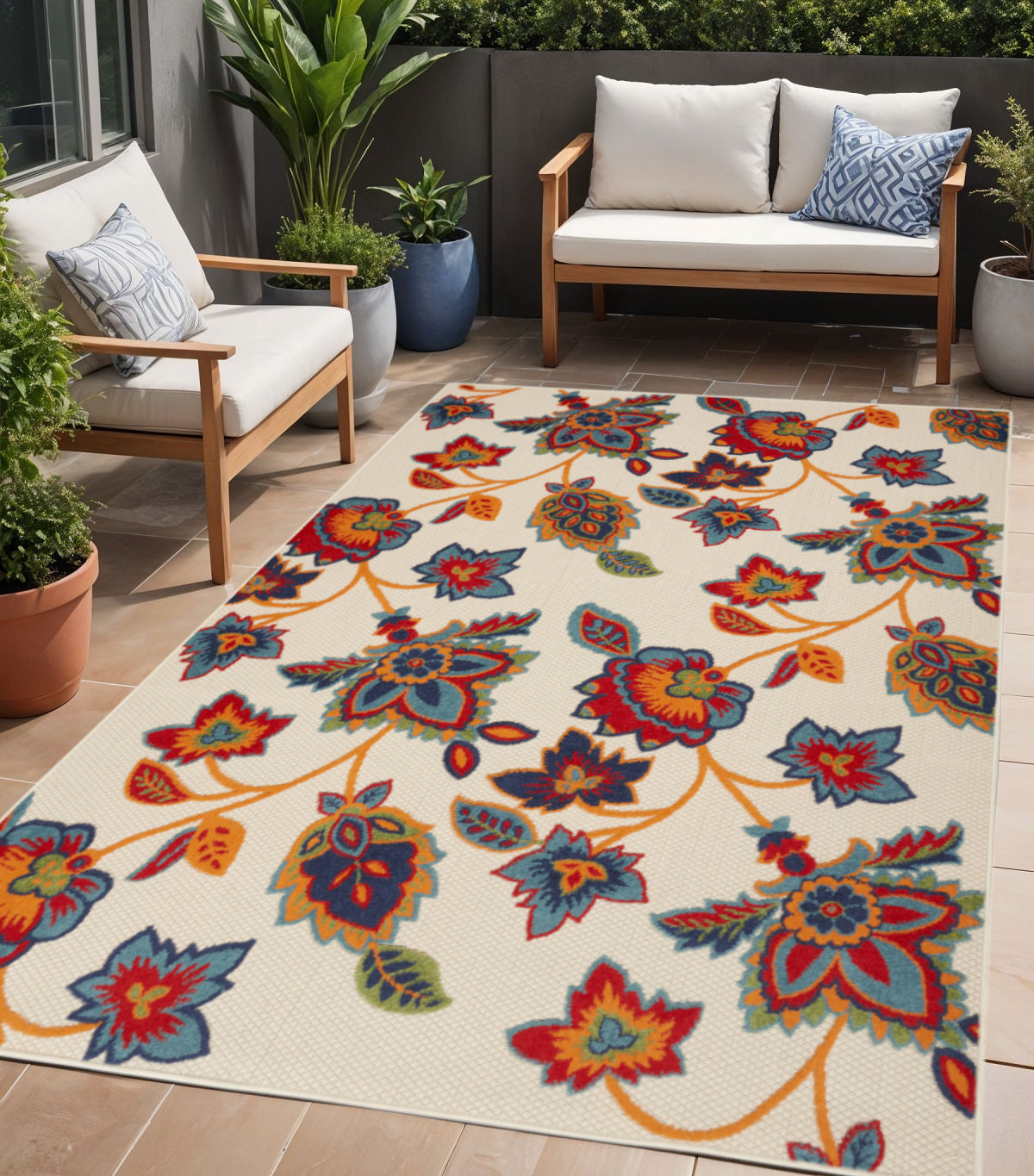 5' X 8' Gray Blue and Orange Floral Non Skid Indoor Outdoor Area Rug Homeroots Outdoor