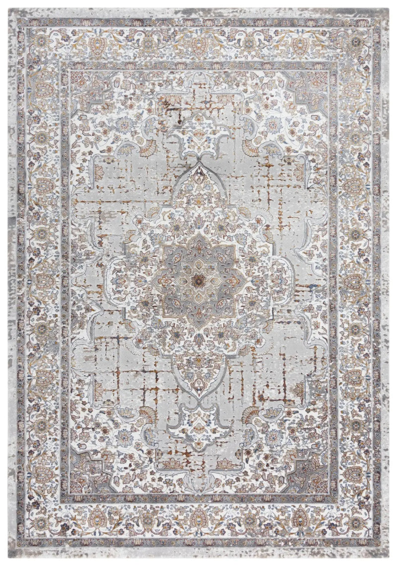 5' X 8' Gray Ivory Red Orange And Blue Medallion Area Rug Homeroots Home Decor