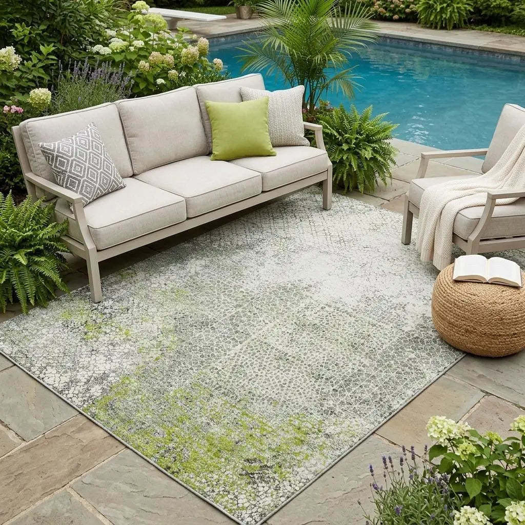 Light green and gray abstract outdoor rug, perfect for patio decor, paired with beige sofa and armchair by a poolside.