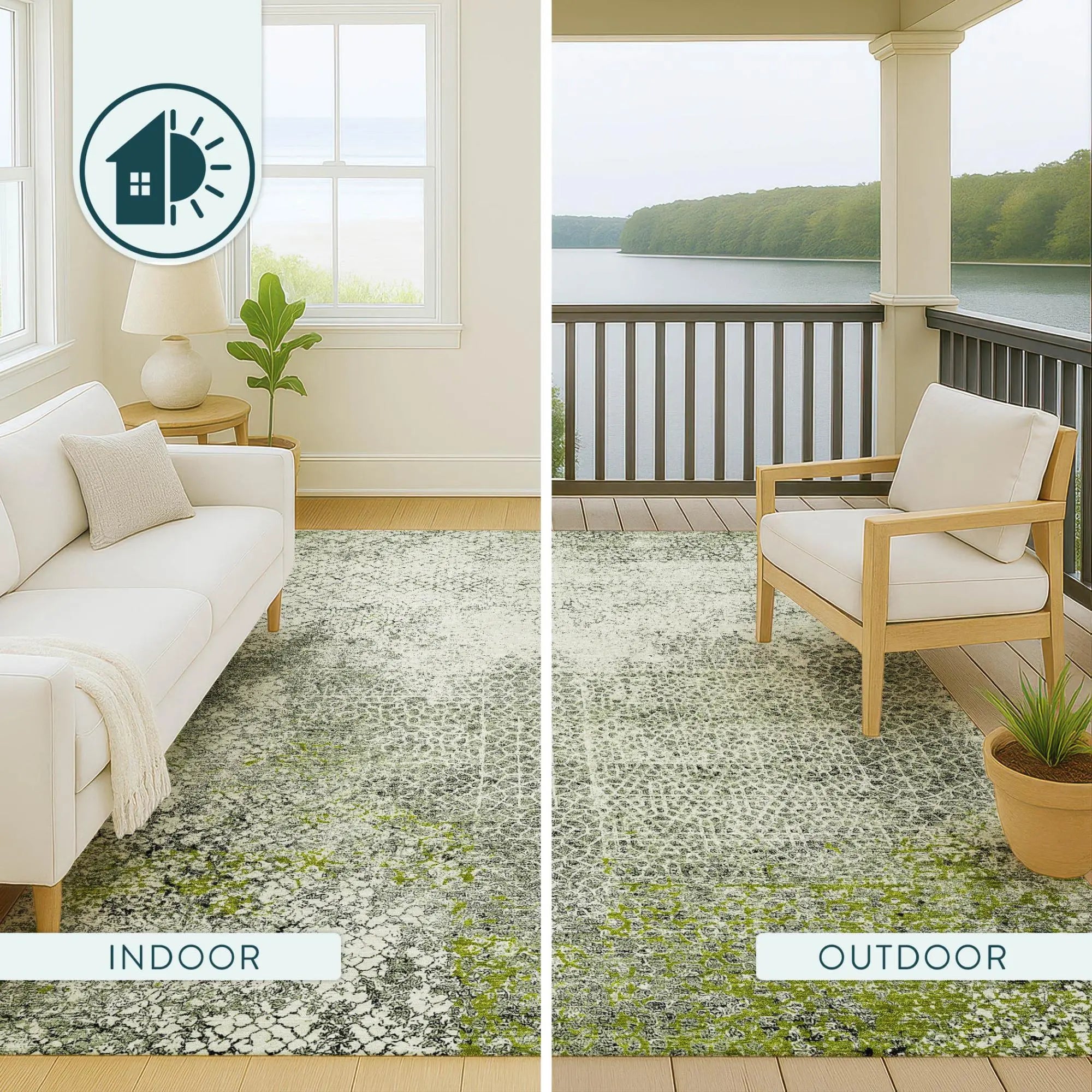 Modern gray and green area rug, indoor/outdoor use, featuring a textured pattern, ideal for versatile decor.