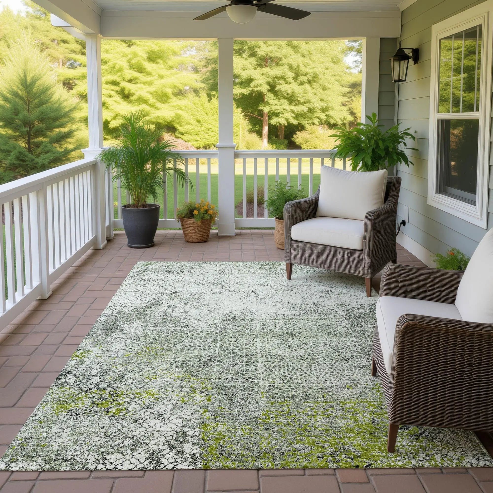 Light green outdoor area rug with textured pattern, perfect for porches or patios, enhancing natural aesthetics.