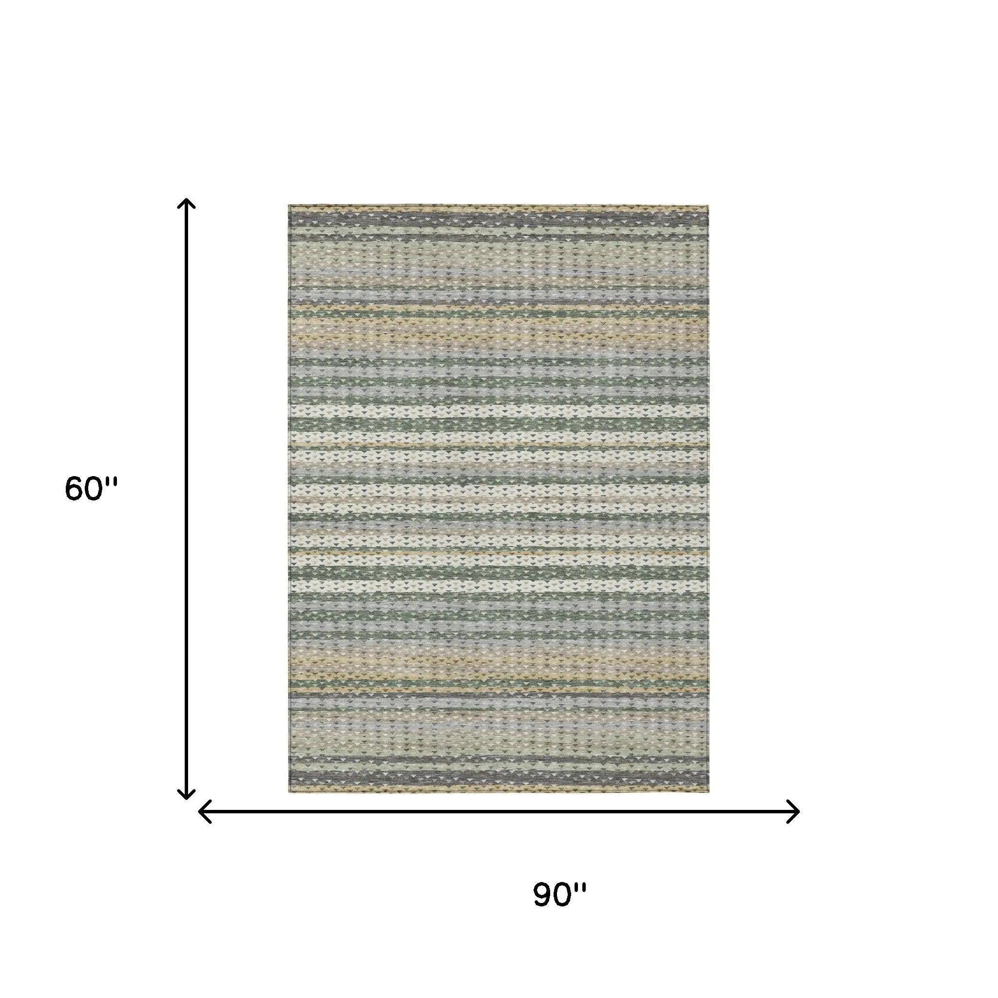 5' X 8' Green And Beige Striped Washable Indoor Outdoor Area Rug Homeroots Outdoor