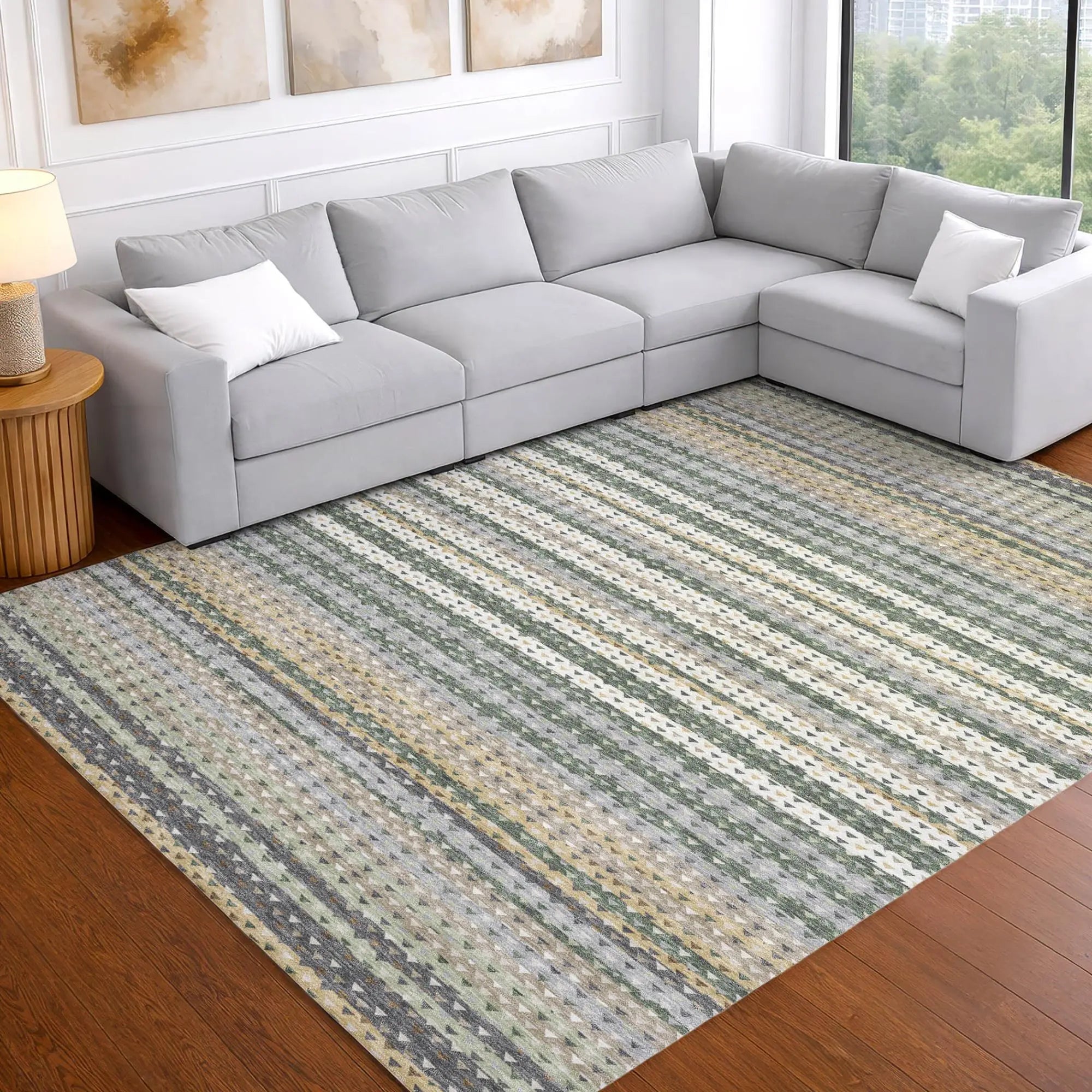 5' X 8' Green And Beige Striped Washable Indoor Outdoor Area Rug Homeroots Outdoor