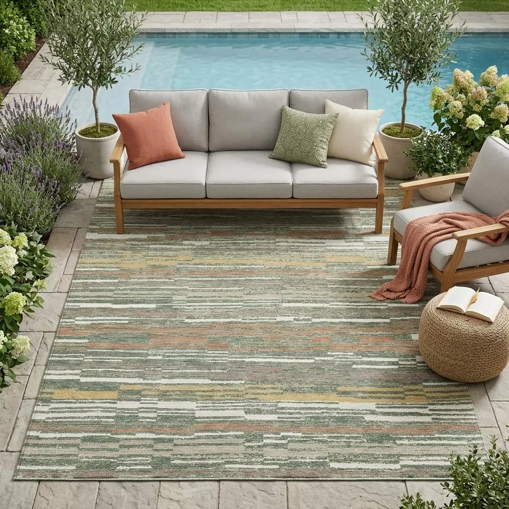5' X 8' Green And Beige Striped Washable Indoor Outdoor Area Rug Homeroots Outdoor