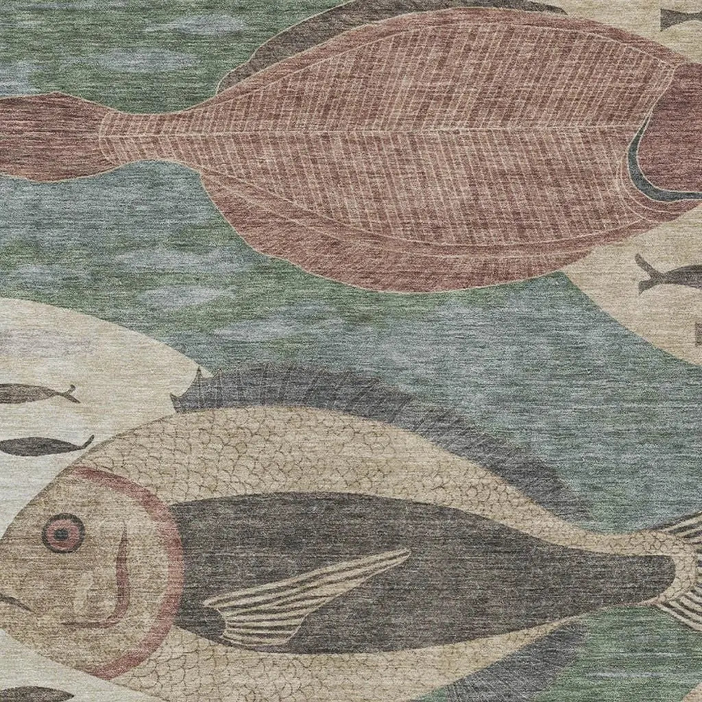 5' X 8' Green And Beige Tropical Fish Washable Indoor Outdoor Area Rug Homeroots Outdoor