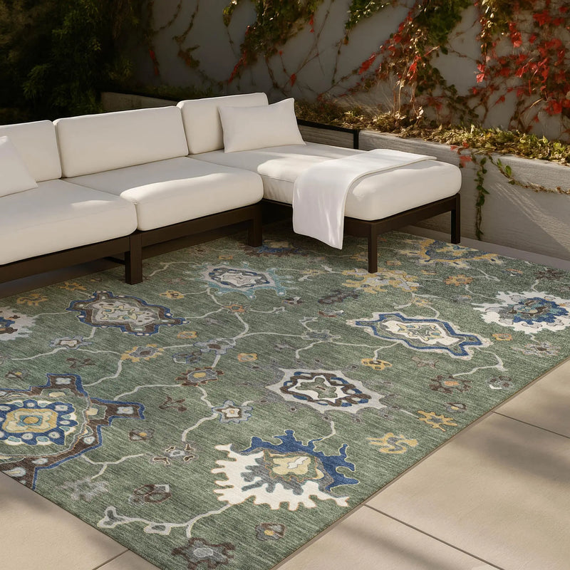 5' X 8' Green And Blue Oriental Washable Indoor Outdoor Area Rug Homeroots Outdoor