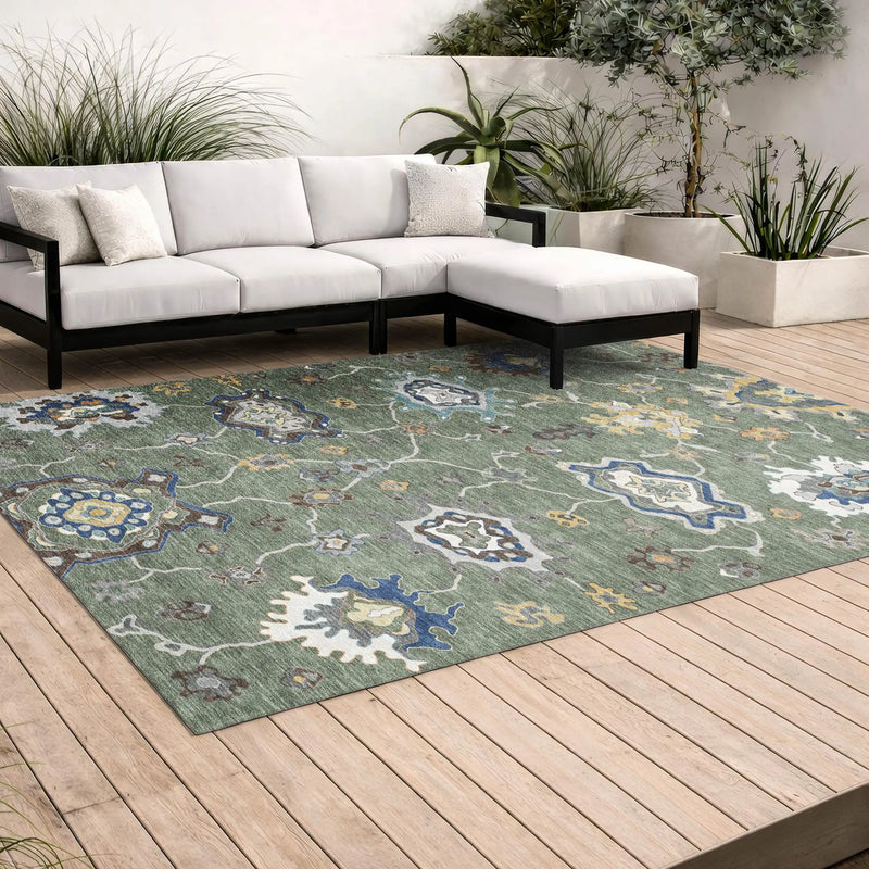5' X 8' Green And Blue Oriental Washable Indoor Outdoor Area Rug Homeroots Outdoor
